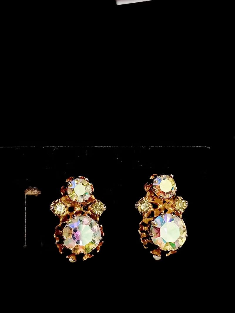 vintage jewelry  古董淡黃極光萊茵夾式耳環