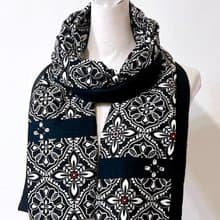 純手作/純棉黑白華麗圖騰歐式花磚拼接黑色羊毛圍巾
