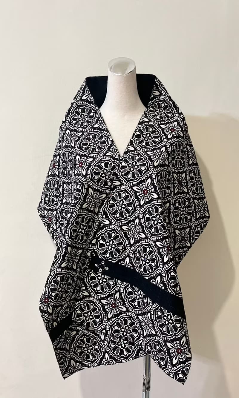 純手作/純棉黑白華麗圖騰歐式花磚拼接黑色羊毛圍巾