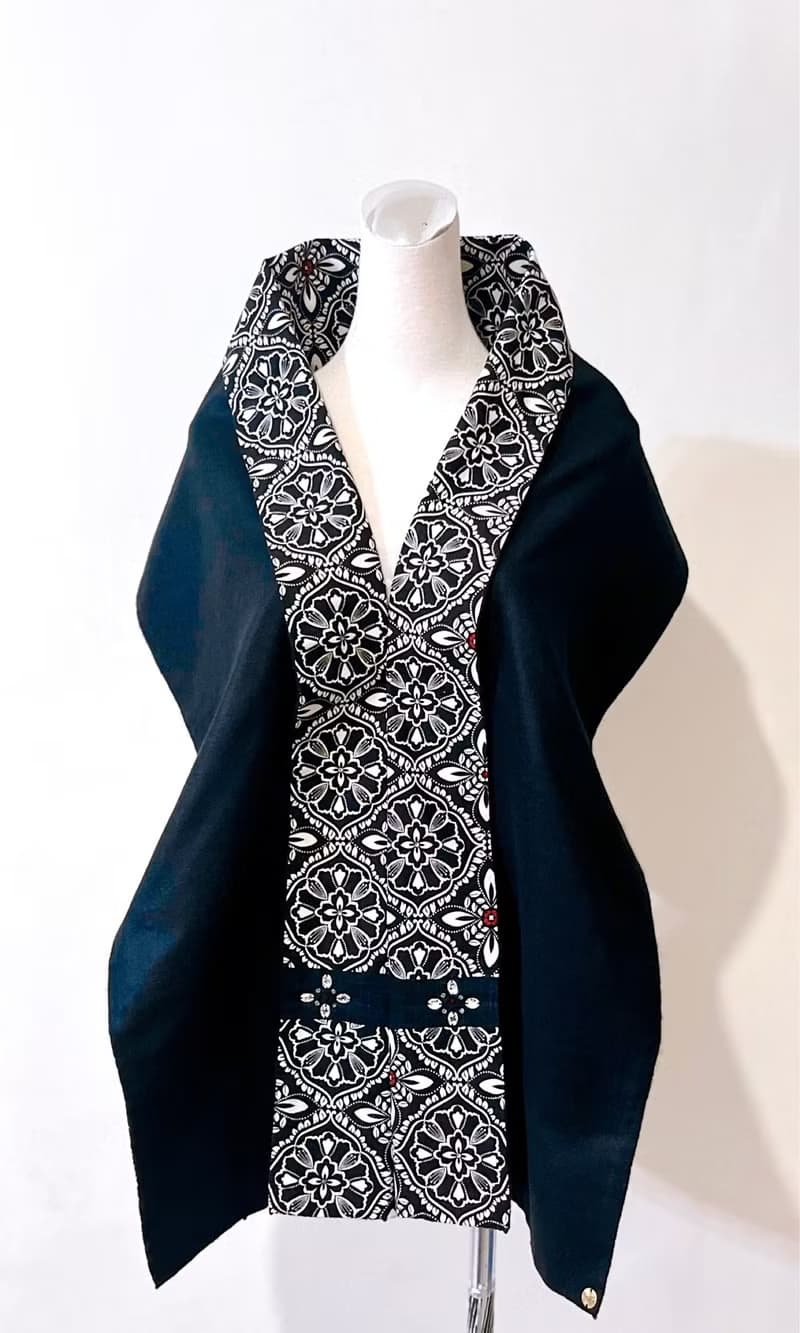 純手作/純棉黑白華麗圖騰歐式花磚拼接黑色羊毛圍巾