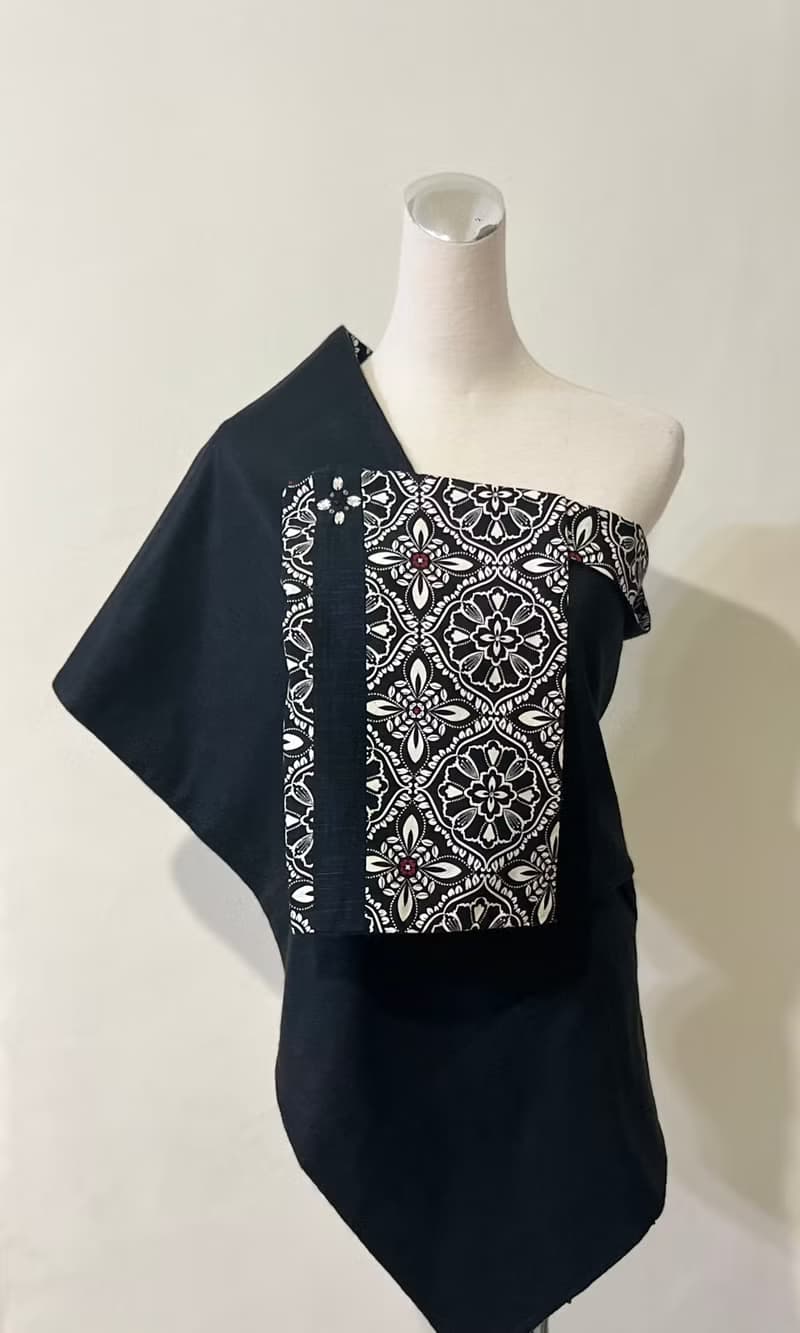 純手作/純棉黑白華麗圖騰歐式花磚拼接黑色羊毛圍巾