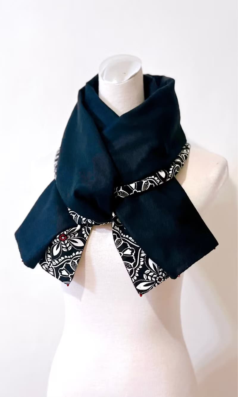 純手作/純棉黑白華麗圖騰歐式花磚拼接黑色羊毛圍巾