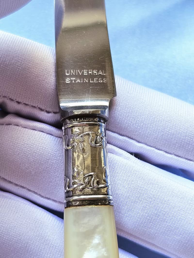 母貝純銀雕花炳老件水果刀/vintage美國西洋古董