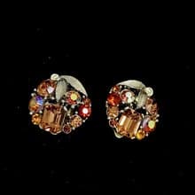 vintage jewelry  LISNER 棕色極光萊茵圓形花卉 夾式耳環