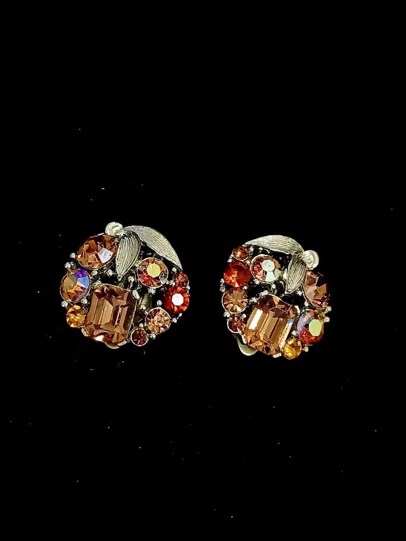 vintage jewelry  LISNER 棕色極光萊茵圓形花卉 夾式耳環