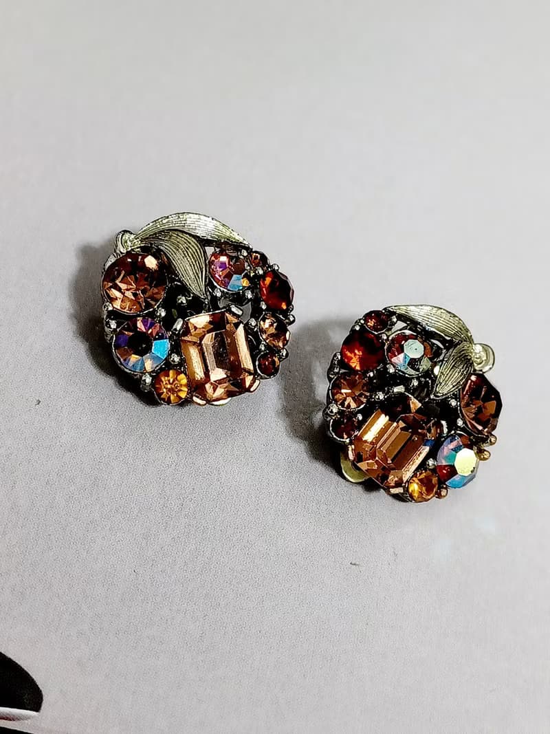 vintage jewelry  LISNER 棕色極光萊茵圓形花卉 夾式耳環