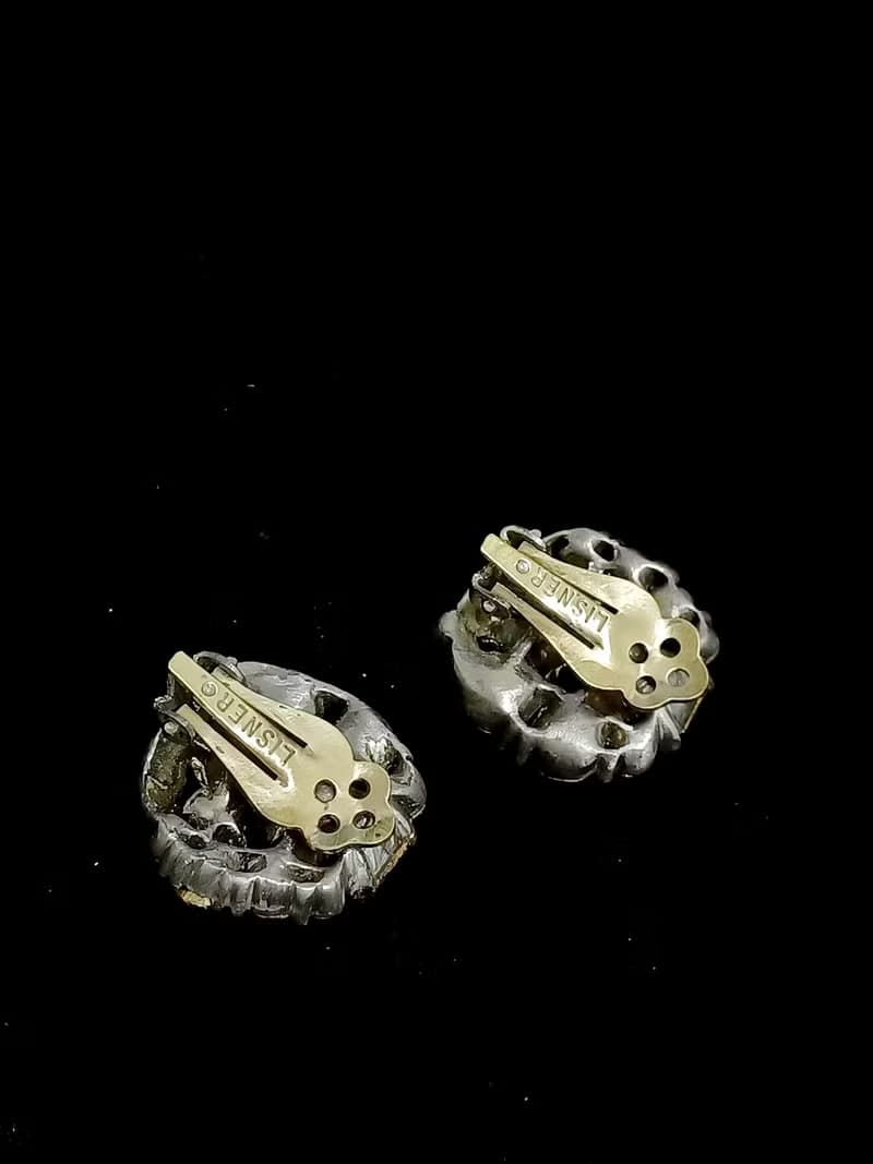 vintage jewelry  LISNER 棕色極光萊茵圓形花卉 夾式耳環