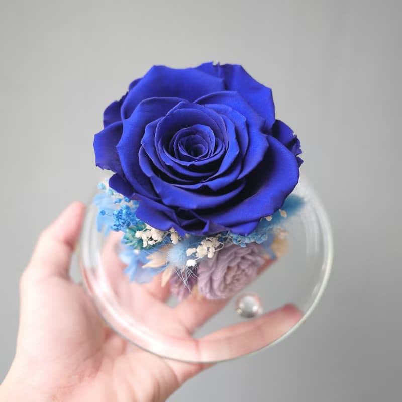 伊登花室 永生藍玫瑰 玻璃罩永生花 乾燥桌花