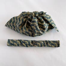 【１点もの】お弁当袋セット あずま袋と箸袋 ウール着物地 紺地に辛子色の扇模様