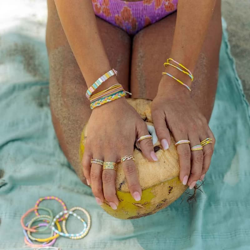 Pura Vida 美國手工 SUNSET BEACH 暮日海灘 金色伸縮手鍊三件組