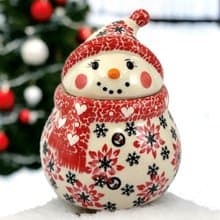 波蘭手繪手工陶-雪人收納罐 (小) 15cm 聖誕雪花系列(紅) 入門款