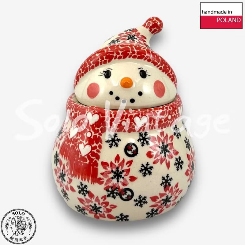 波蘭手繪手工陶-雪人收納罐 (小) 15cm 聖誕雪花系列(紅) 入門款