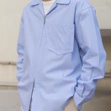 SHIRT 淺藍色古巴領雙向拉鏈長袖襯衫 寬松款細條紋肌理Cityboy