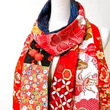 純手作日系紅色拼接花朵仙鶴花鳥撞色絲質海軍藍立涌圍巾披肩