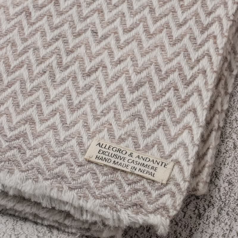 【窄版】喀什米爾羊毛圍巾 小山形紋原色無染淺褐 脖圍 手工機織