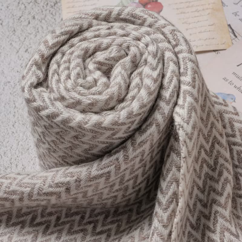 【窄版】喀什米爾羊毛圍巾 小山形紋原色無染淺褐 脖圍 手工機織