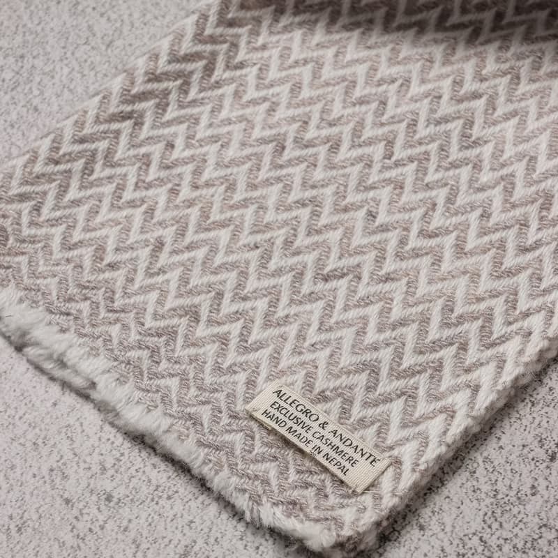 【窄版】喀什米爾羊毛圍巾 小山形紋原色無染淺褐 脖圍 手工機織