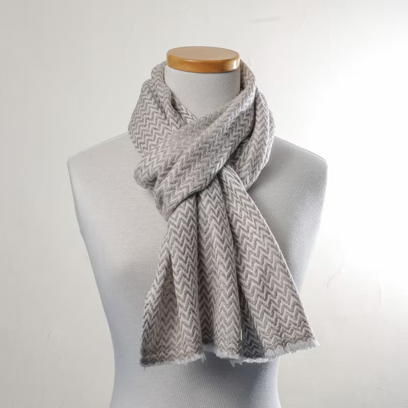 【窄版】喀什米爾羊毛圍巾 小山形紋原色無染淺褐 脖圍 手工機織