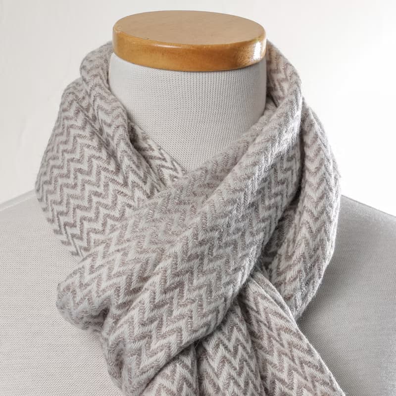 【窄版】喀什米爾羊毛圍巾 小山形紋原色無染淺褐 脖圍 手工機織