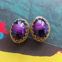 Vintage Jewelry 西洋古董飾品  深紫仿瑪瑙紋 夾式耳環