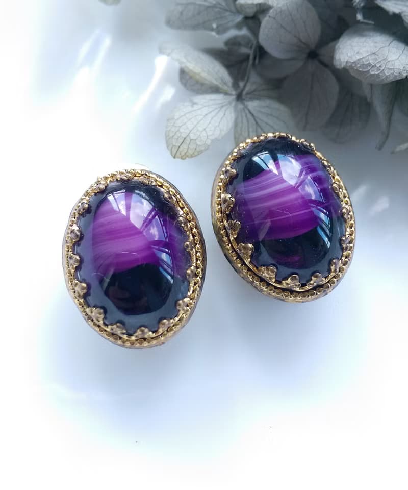 Vintage Jewelry 西洋古董飾品  深紫仿瑪瑙紋 夾式耳環