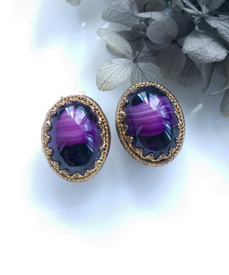 Vintage Jewelry 西洋古董飾品  深紫仿瑪瑙紋 夾式耳環