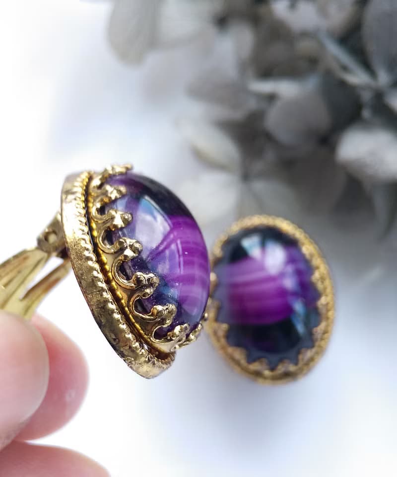 Vintage Jewelry 西洋古董飾品  深紫仿瑪瑙紋 夾式耳環