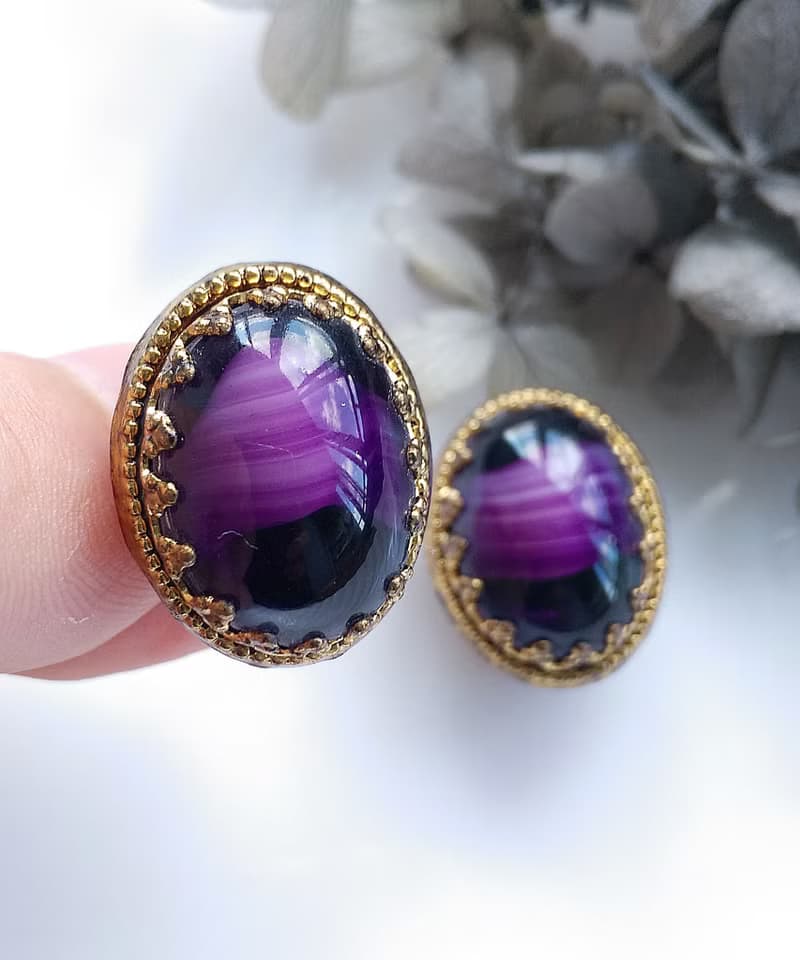 Vintage Jewelry 西洋古董飾品  深紫仿瑪瑙紋 夾式耳環