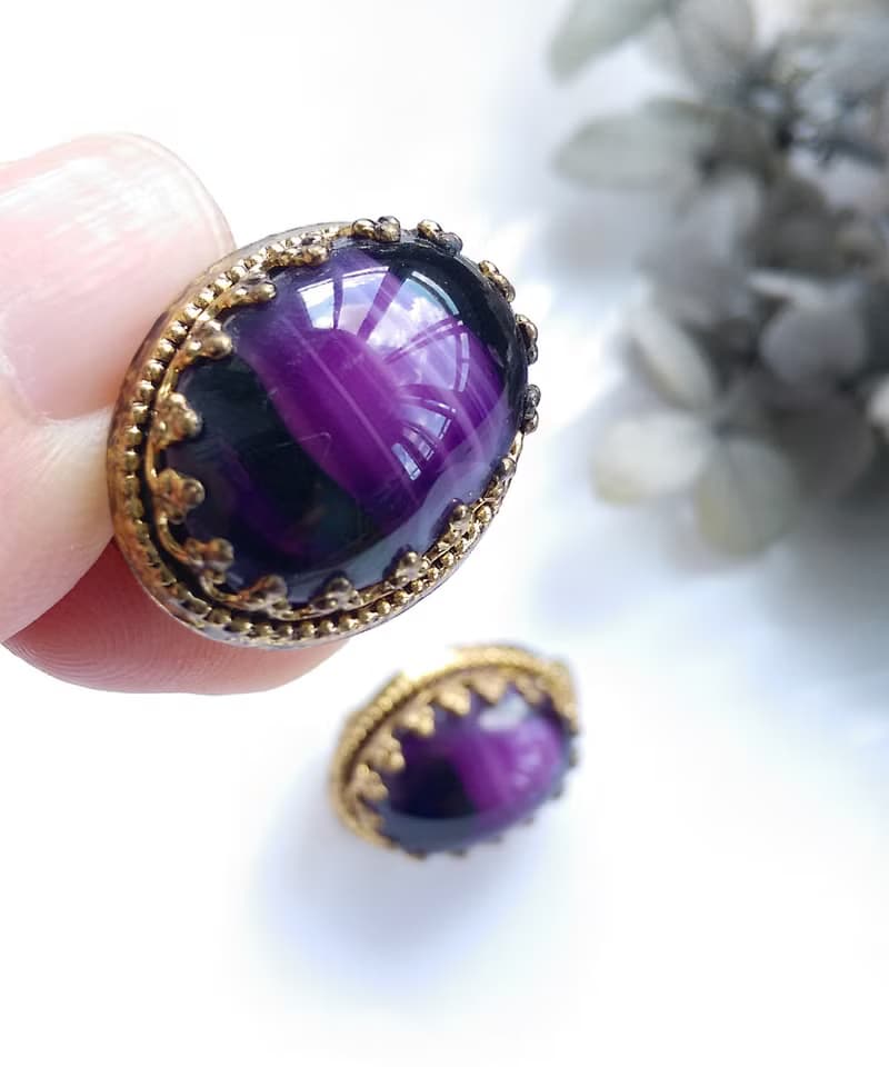 Vintage Jewelry 西洋古董飾品  深紫仿瑪瑙紋 夾式耳環