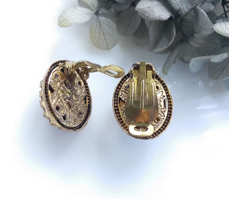 Vintage Jewelry 西洋古董飾品  深紫仿瑪瑙紋 夾式耳環