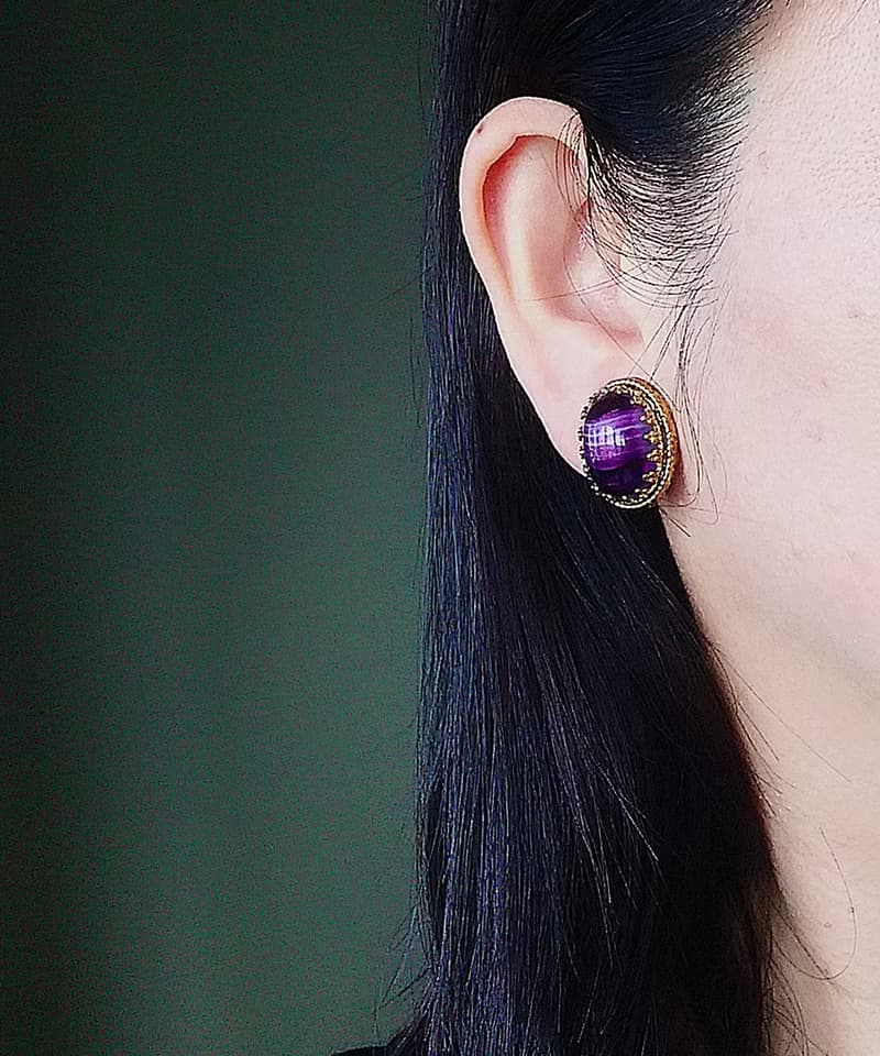 Vintage Jewelry 西洋古董飾品  深紫仿瑪瑙紋 夾式耳環