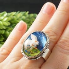 White Rabbit Bunny Adjustable Ring Blue Green Large Silver Boho Ring Jewelry