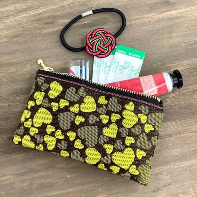 【チョコバナナ　ハート柄】畳縁　ぺたんこ　ミニポーチ　小銭入れ　カードケース　黄色　こげ茶　バレンタイン