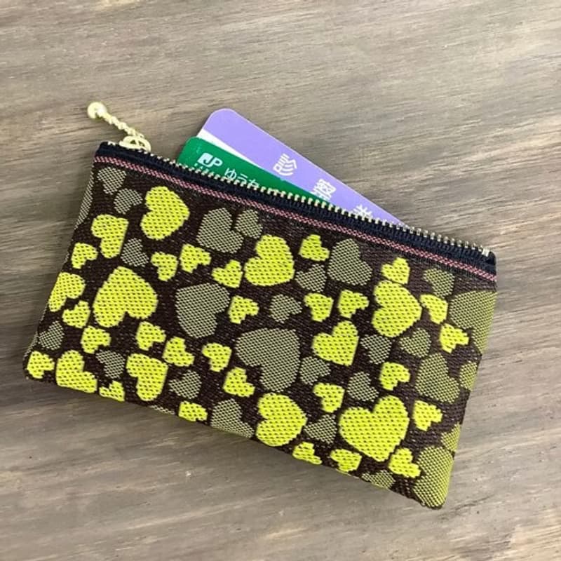 【チョコバナナ　ハート柄】畳縁　ぺたんこ　ミニポーチ　小銭入れ　カードケース　黄色　こげ茶　バレンタイン