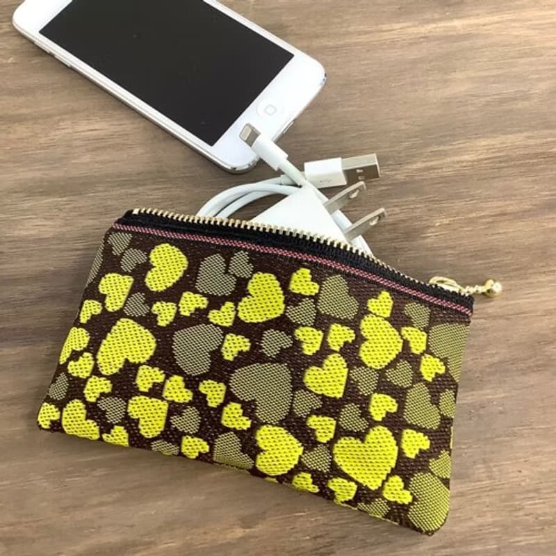 【チョコバナナ　ハート柄】畳縁　ぺたんこ　ミニポーチ　小銭入れ　カードケース　黄色　こげ茶　バレンタイン