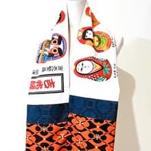 純手作/古董羊毛珊瑚橘黑幾何梅花圖騰純棉達摩染布圍巾披肩