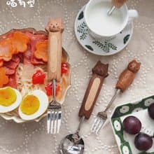 喵有型喵咪勺叉實木餐具套裝甜品冰激凌湯飯勺子意面牛排水果叉子