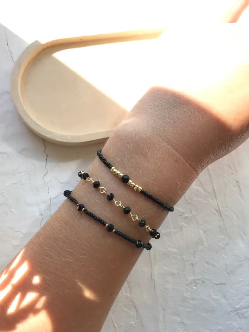 Black agate set bracelets. Beaded set bracelet. Gift for woman.