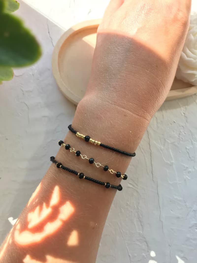 Black agate set bracelets. Beaded set bracelet. Gift for woman.