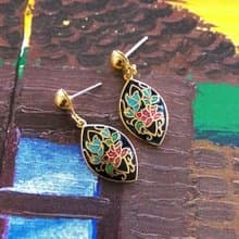 Vintage Jewelry 西洋古董飾品 景泰藍  黑底 氣質花卉 針式耳環