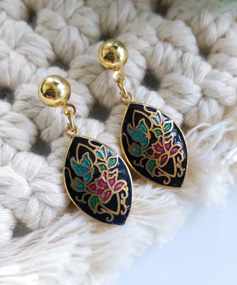 Vintage Jewelry 西洋古董飾品 景泰藍  黑底 氣質花卉 針式耳環