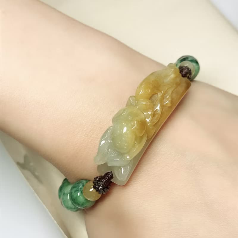 冰飄黃翡翠荷包有魚手鍊 | 天然緬甸玉A貨翡翠 | 送禮