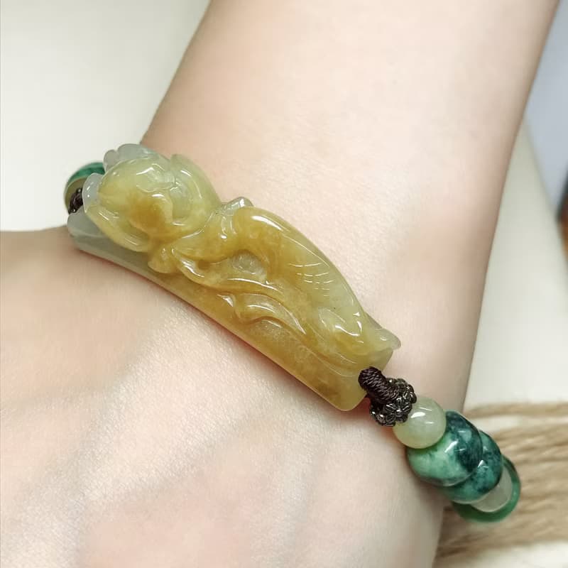 冰飄黃翡翠荷包有魚手鍊 | 天然緬甸玉A貨翡翠 | 送禮