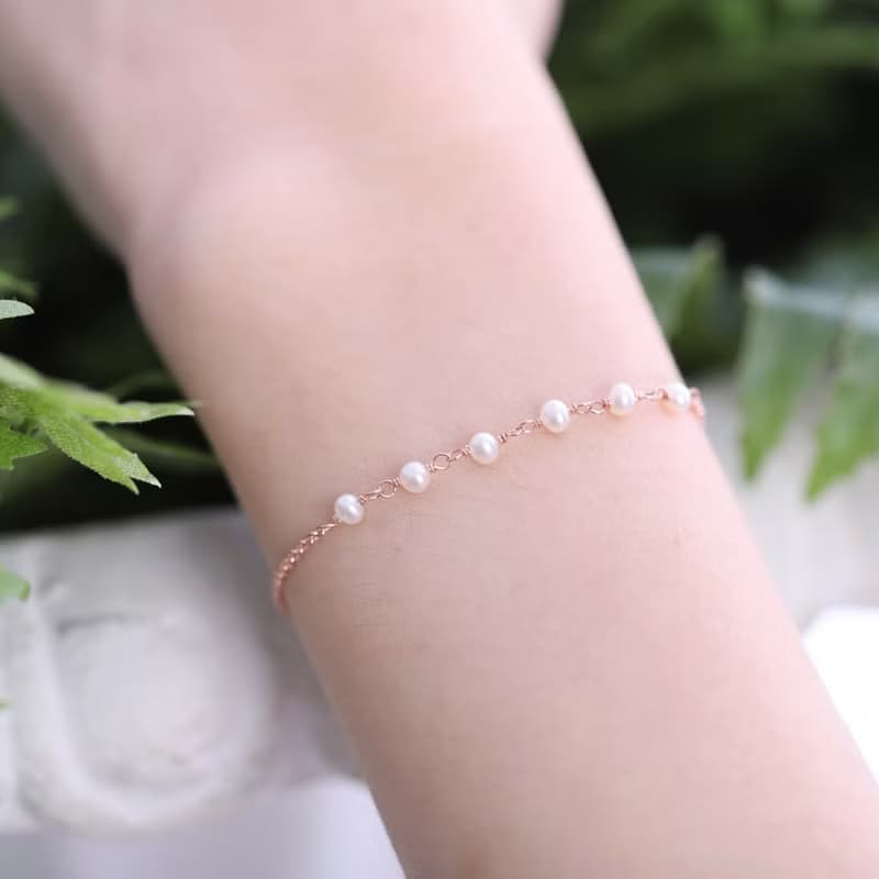 天然淡水珍珠925純銀鍍玫瑰金人魚的眼淚手鍊