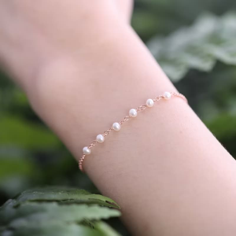 天然淡水珍珠925純銀鍍玫瑰金人魚的眼淚手鍊