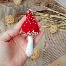 Handmade cotton brooch mushroom and beads decor/ red pins/ BOHO brooch gift