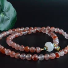 【童心】天然南紅冰底飄花三圈手串白玉鼓珠綠松石純銀燒藍小木馬