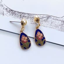 Vintage Jewelry 西洋古董飾品 景泰藍 水滴 藍底 花卉 針式耳環