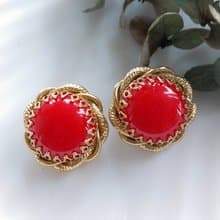 Vintage Jewelry 西洋古董飾品 紅色調 麻花金框 夾式耳環