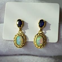 Natural Opal and Blue Sapphire Drop Earrings Sterling Silver925 with gold plated